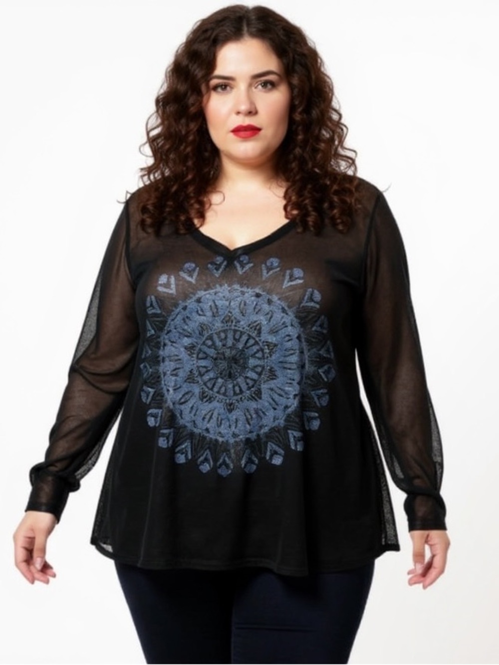 Roper Black Graphic Mandala Long Sleeve Top Thin Knit Plus Size 1X